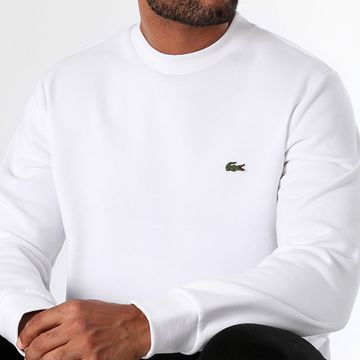 Lacoste - Sudadera blanca con logo bordado de cocodrilo y cuello redondo