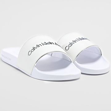 Calvin Klein - Mujer Slide Instituitional 1508 Plata Blanco Brillante