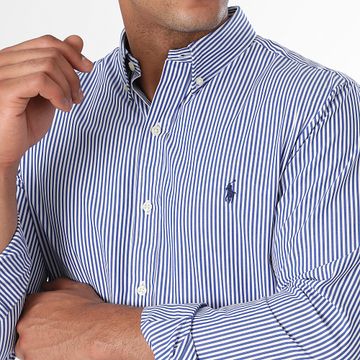 Polo Ralph Lauren - Slim Poplin Stretch Blanco Azul Rey Camisa de rayas de manga larga