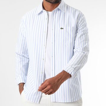 Lacoste - Camisa Manga Larga Rayas Bordado Logo Cocodrilo Regular Fit Azul Claro Blanco