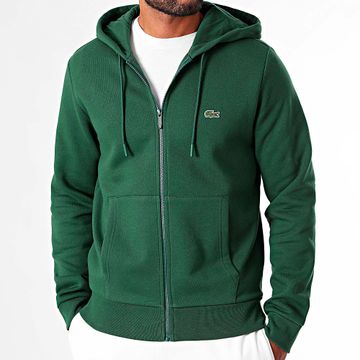 Lacoste - Cocodrilo Logo Bordado Sudadera Con Capucha Cremallera Classic Fit Verde Oscuro