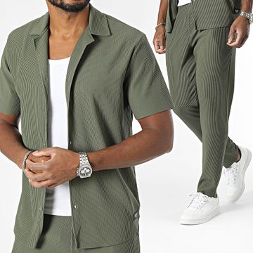 Zelys Paris - Conjunto de camisa y pantalón de manga corta verde caqui