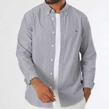 Lacoste - Camisa Manga Larga Rayas Regular Fit Logo Bordado Cocodrilo Blanco Azul Marino