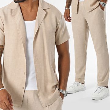 Frilivin - Conjunto de camisa de manga corta y pantalón de chándal beige
