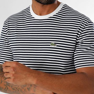 Lacoste - Rayas Logotipo Bordado Cocodrilo Classic Fit Tee Shirt Blanco Azul Marino