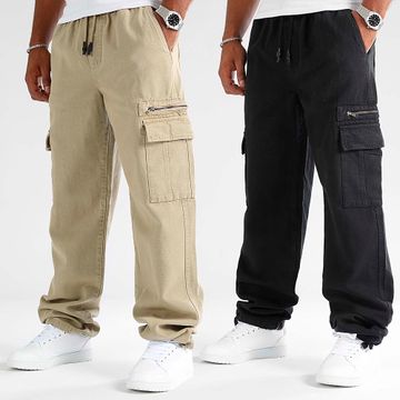 LBO - Lote de 2 pantalones cargo de lona de algodón 0513 0514 Negro Beige