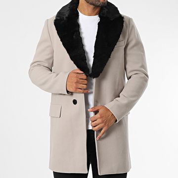 Frilivin - Abrigo con cuello de piel de oveja negro beige