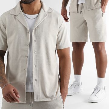 LBO - Conjunto de camisa de manga corta y pantalón corto de lona 0275 Beige
