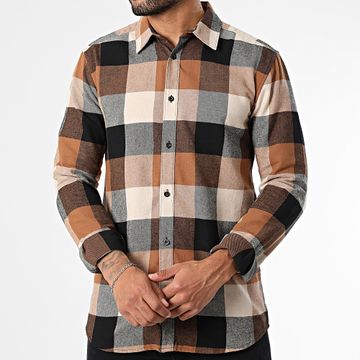 Only And Sons - Gudmund Negro Camel Beige Camisa de manga larga a cuadros