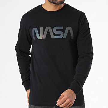 NASA - Camiseta Manga Larga Logo Gusano Negro Arco Iris Negro Iridiscente