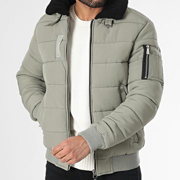 Kymaxx - Abrigo con cuello de piel de oveja Verde caqui claro