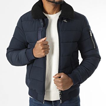Kymaxx - Chaqueta con cuello de piel de oveja azul marino