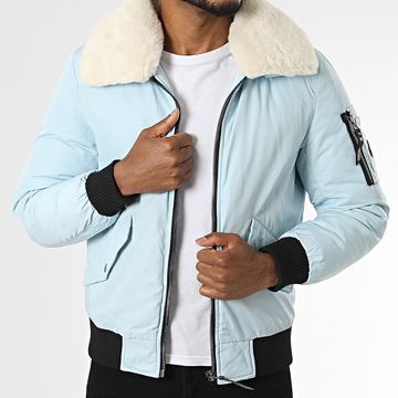 Kymaxx - Cazadora bomber con cuello de piel azul claro