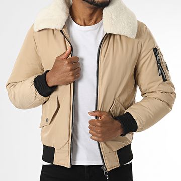 Kymaxx - Chaqueta bomber con cuello de piel beige
