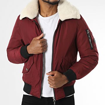 Kymaxx - Chaqueta bomber con cuello de piel burdeos