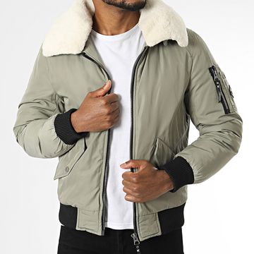 Kymaxx - Chaqueta bomber con cuello de piel verde caqui claro