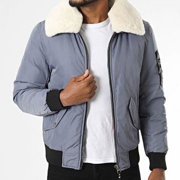 Kymaxx - Chaqueta bomber con cuello de piel gris azulada