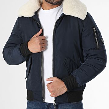 Kymaxx - Chaqueta bomber con cuello de piel azul marino