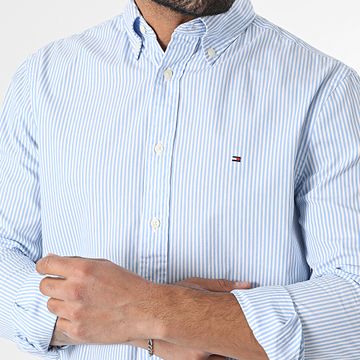 Tommy Hilfiger - Flex Poplin Classic 7549 Blanco Azul Claro Camisa de Manga Larga a Rayas