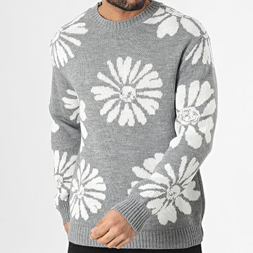 Frilivin - Gris Blanco Floral Jersey Cuello Redondo