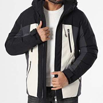 Frilivin - Negro Beige Gris Carbón Abrigo con capucha
