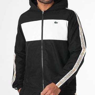 Lacoste - Negro Blanco Cocodrilo Logo Stripe Hooded Zip Jacket