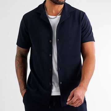 LBO - Waffle Textured Camisa Manga Corta 1572 Azul Marino