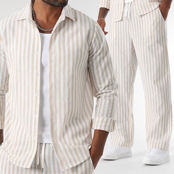 LBO - Conjunto de camisa de manga larga y pantalón de raya ancha 1767 Beige Blanco