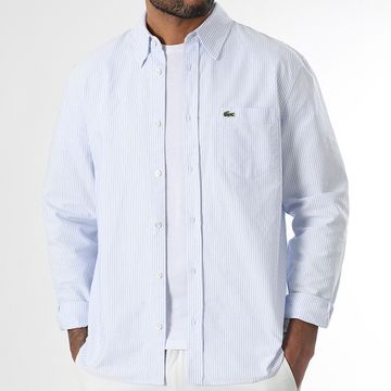 Lacoste - Camisa de rayas manga larga bolsillo bordado logo cocodrilo Regular Fit Azul claro