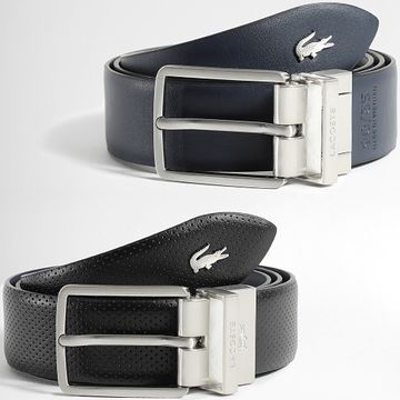 Lacoste - Cinturón de piel reversible con logotipo de cocodrilo metálico Negro Azul Marino