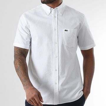 Lacoste - Camisa blanca de manga corta con logo bordado de cocodrilo