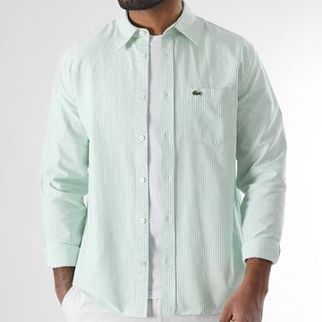 Lacoste - Camisa Manga Larga Rayas Bolsillo Bordado Logo Cocodrilo Calce Regular Verde Claro