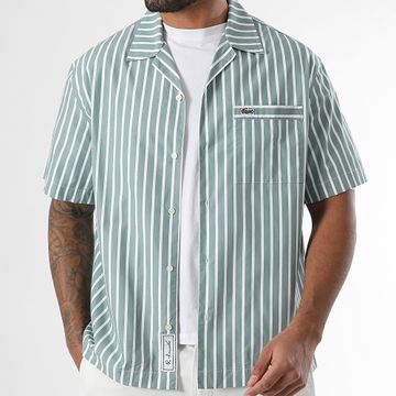 Lacoste - Camisa Manga Corta Rayas Bordado Logo Cocodrilo Calce Relajado Verde Blanco