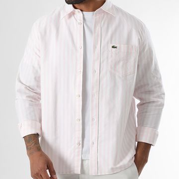 Lacoste - Camisa Manga Larga Rayas Bordado Logo Cocodrilo Regular Fit Rosa Blanco