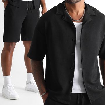 LBO - Conjunto de camisa de manga corta y pantalón corto negro Relaxed Textured Waffle 1828
