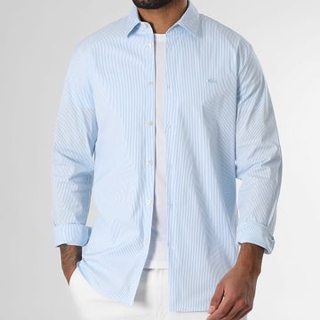 Lacoste - Camisa Manga Larga Slim Logo Cocodrilo Bordado Azul Claro Blanco