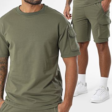 Zayne Paris  - Conjunto de sudadera de cuello redondo y pantalón corto tipo cargo verde caqui