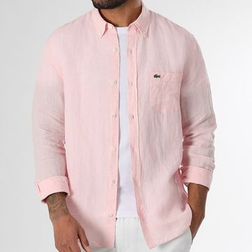 Lacoste - Camisa de manga larga con logo bordado en cocodrilo rosa