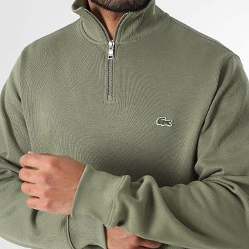 Lacoste - Sudadera con cuello de cremallera y logotipo bordado en cocodrilo verde caqui