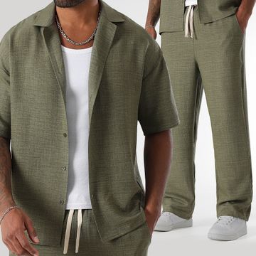 LBO - Conjunto de camisa de manga corta y pantalón ancho efecto lino 1873 verde caqui