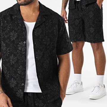 Classic Series - Conjunto de camisa de manga corta floral negra y pantalón corto de jogging