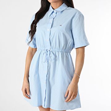Tommy Jeans - Vestido Camisa Mujer Manga Corta Rayas Mini Rayas 0617 Azul Claro Blanco
