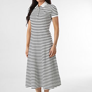 Tommy Jeans - Maxi Vestido Polo Mujer Manga Corta Rayas 0383 Blanco Azul Marino