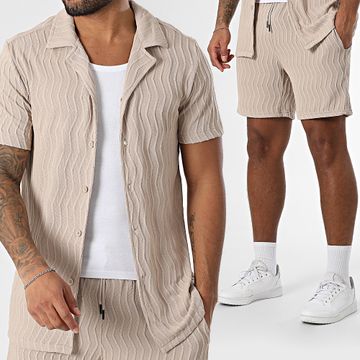 Zayne Paris  - Conjunto de camisa de manga corta y pantalón corto de jogging beige