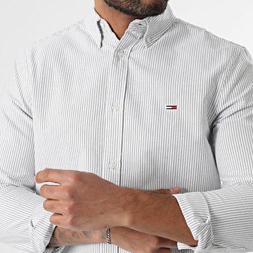 Tommy Jeans - Slim Stripe Oxford 0668 Blanco Verde Caqui Camisa Manga Larga