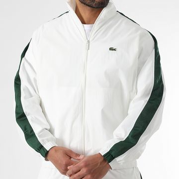 Lacoste - Blanco Verde Cocodrilo Logotipo Bordado Chaqueta con cremallera