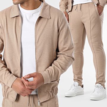 Zelys Paris - Conjunto de chaqueta y pantalón beige oscuro jaspeado con cremallera
