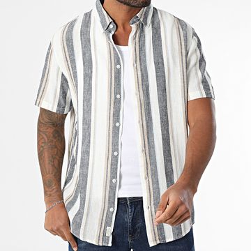 Blend - Camisa de rayas de lino de manga corta 20717864 Blanco Beige Azul Marino