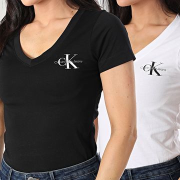 Calvin Klein - Juego de 2 camisetas de mujer con cuello en V 3447 Negro Blanco