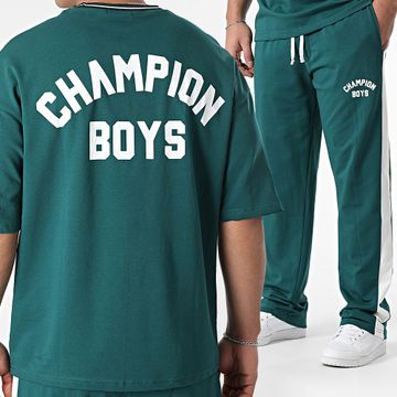 Ikao - Conjunto de camiseta oversize blanca verde botella y pantalón de chándal